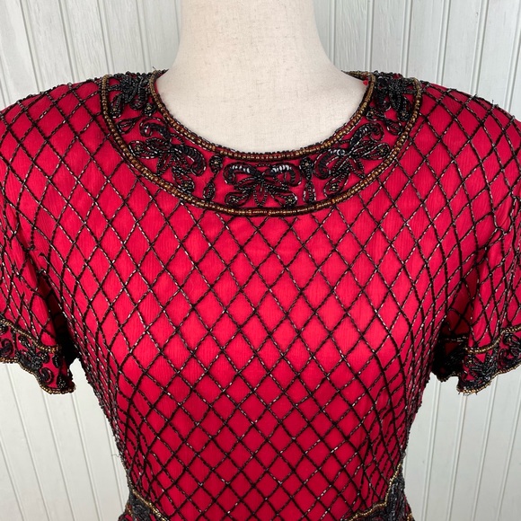 Vintage 80s Papell Boutique Evening Red Silk Beaded Top Women's Size Large - Picture 3 of 9
